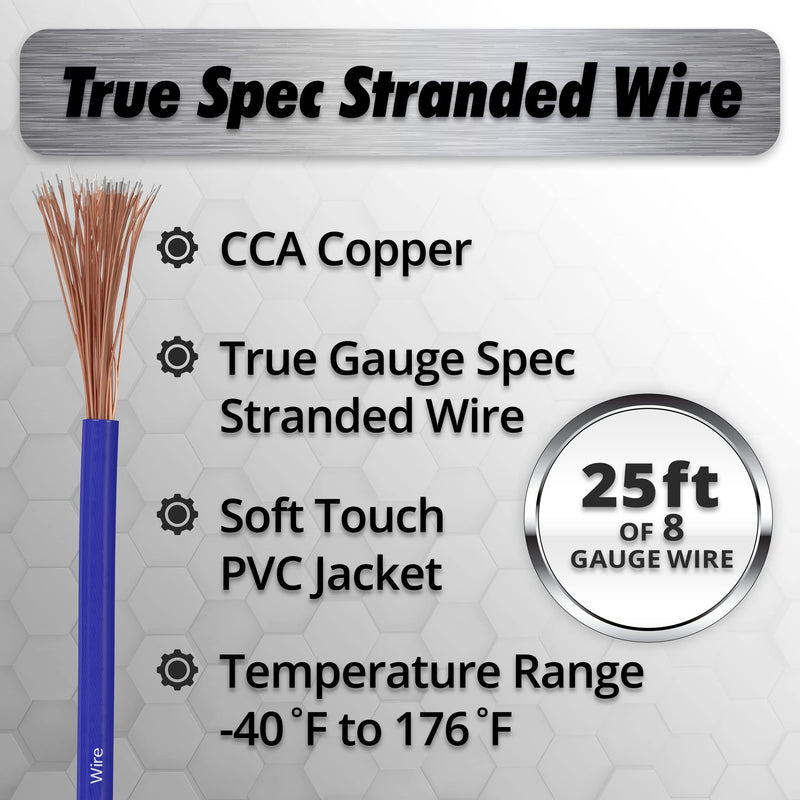 InstallGear 8 Gauge Wire (25ft) Copper Clad Aluminum CAA - Primary Automotive Wire, Car Amplifier Power & Ground Cable, Battery Cable, Car Audio Speaker Stereo, RV Trailer Wiring Welding Cable 8ga 25ft - Blue