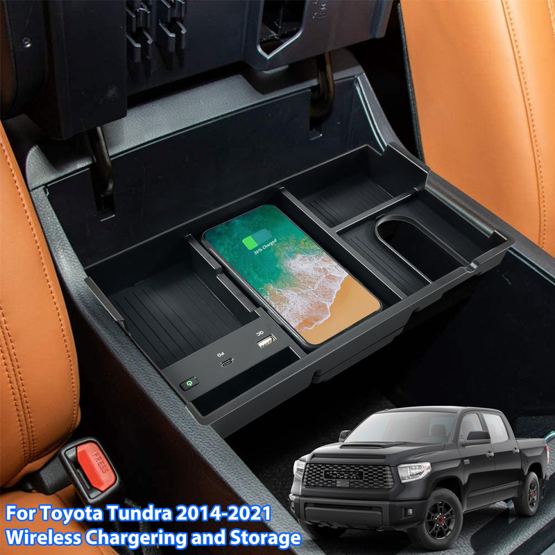 Wireless Charger for Toyota Tundra 2014-2021 Accessories | Center Console Organizer Tray, USB-A USB-C Fast Phone Charging Panel Pad, Armrest Storage Box for Tundra