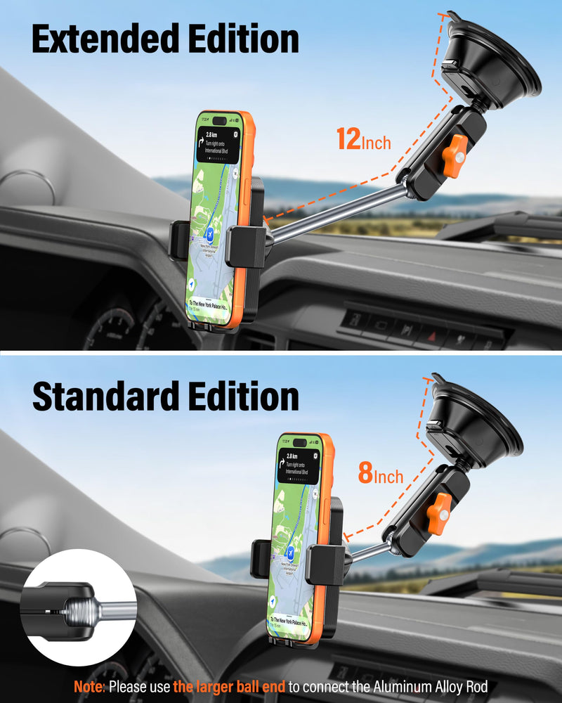 A2C 12" Anti-Shake Metal Arm Windshield Phone Mount, Suction Phone Mount | Heavy-Duty Vacuum Dual Suction Cup, One-Hand Release, 360° Rotation, for iPhone & Most Smartphones, Fits Car, Truck & Pickup Extended