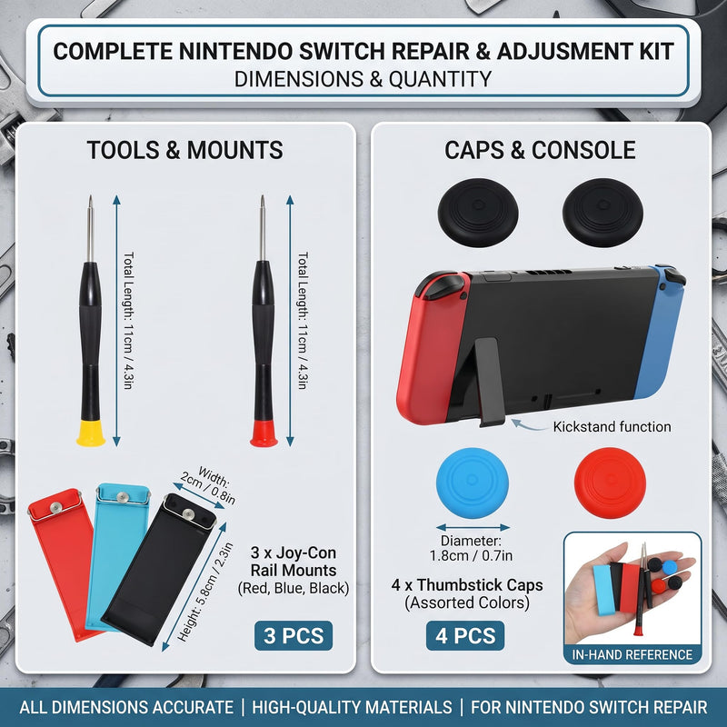 7 Pcs Kickstand Replacement for Nintendo Switch, Kickstand Replacement Back Stand Holder with 3 Colors Kickstand and 4 Thumbstick Caps, Durable Console Accessories with Screwdrivers