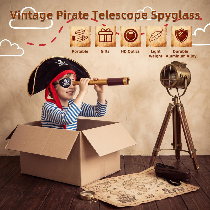 25X30 Pirate Telescope Spyglass with Hat&Eye Mask for Kid Monocular Costume | Retro Collapsible Zoomable Brass Captain Spyglass, FMC Lens Costume Accessories for Bird Watching Camping Boating Gift