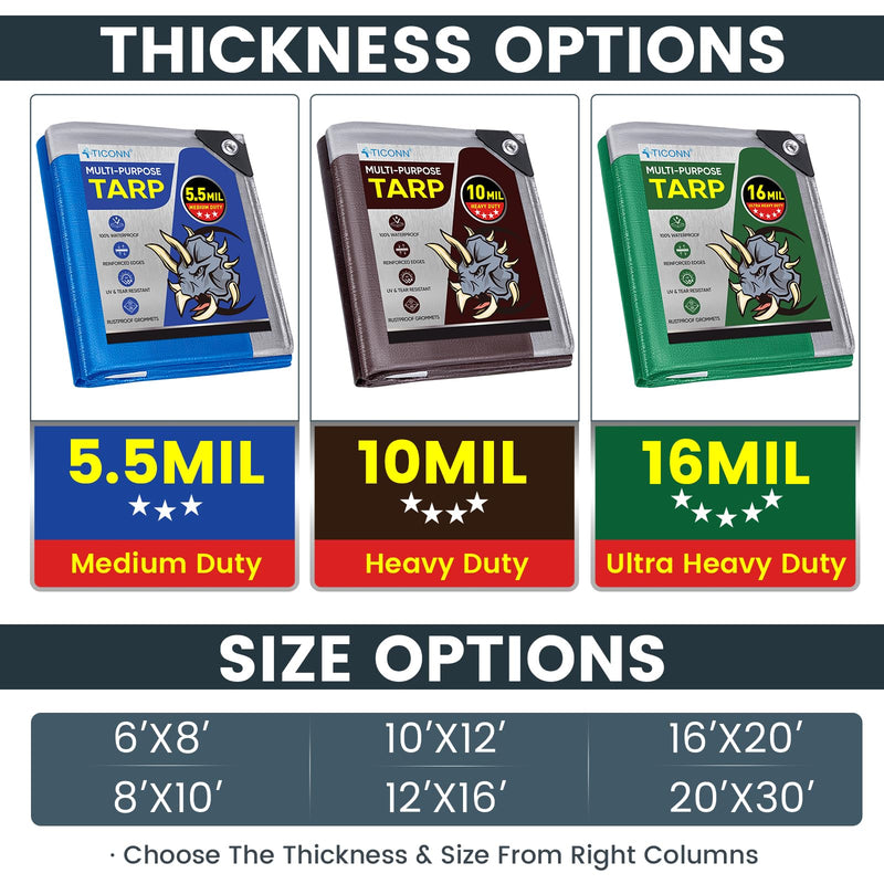 TICONN Heavy Duty Tarp Cover, Extra Thick Tarps Waterproof Tear and Rip Proof UV Resistant Tarpaulin with Reinforced Grommets and Edges (5.5 Mil, 6'x8') 6'x8' Blue-5.5 Mil