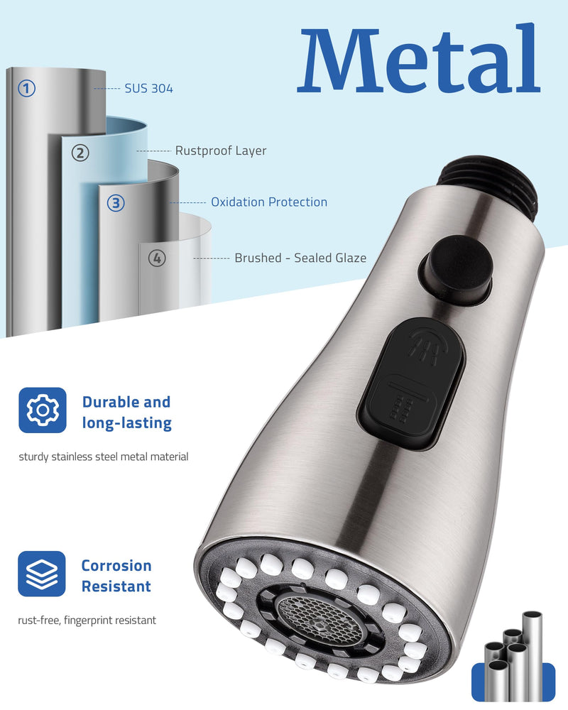 Metal Kitchen Faucet Head Replacement - Pull Down Sprayer Head for Kitchen Faucet, 3-Function Spray Nozzle with 15 Adapters, Sink Faucet Head Replacement Stainless Steel, Brushed Nickel