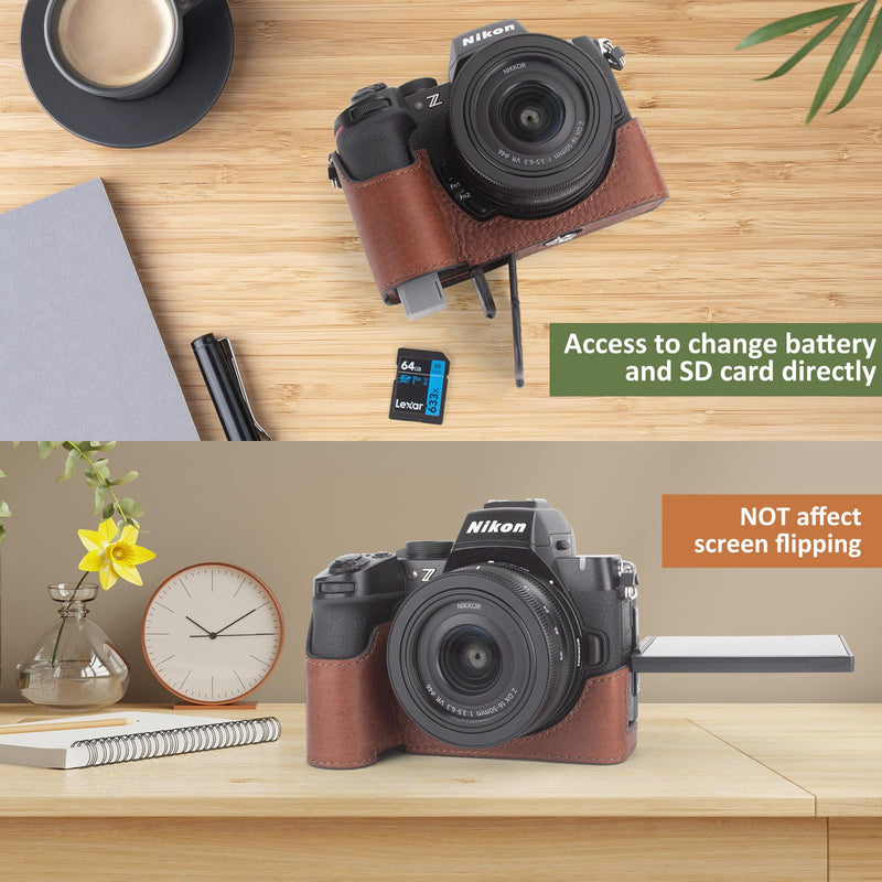 MUZIRI KINOKOO Case for Nikon Z50 II, Retro Style Premium Genuine Leather Half Case for Nikon Z50II Camera - Z50 II Accessories Protective Cover - with Opening Bottom and Hand Grip Design - Brown