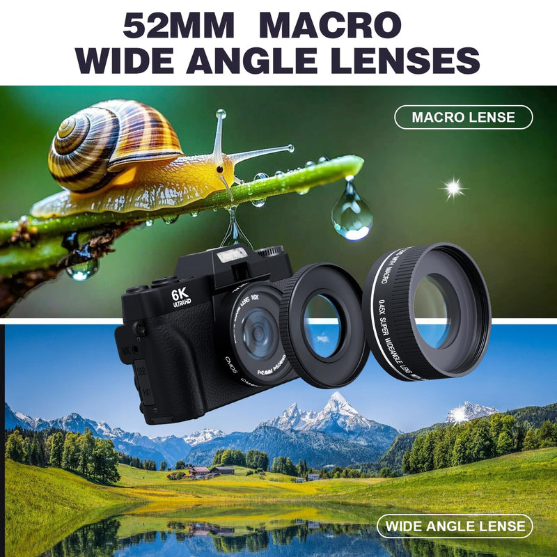 6K 64MP Digital Camera for Photography Vlogging Camera for YouTube, 180° Flip Screen, 16X Zoom Autofocus, Compact Travel Beauty Camera for Teens, with 52mm Lens, 2 Batteries, 32GB SD Card