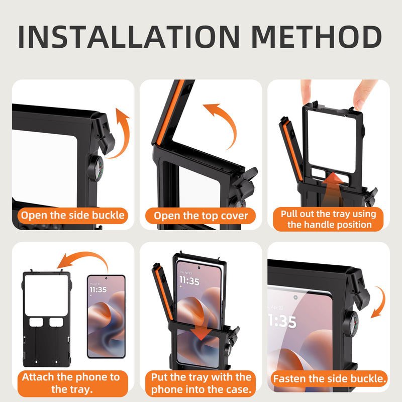 Diving Case for iPhone & Galaxy, 49FT/15M, Bluetooth Shutter | Anti-drop housing helps protect the phone for underwater photos while snorkeling or diving and comes in black-orange. Black Orange