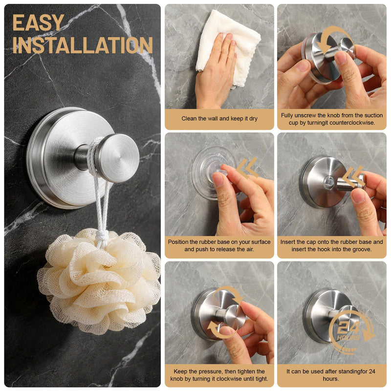 Large Suction Cup Hooks, Heavy Duty 15lb Holds Towel & Robe, No-Drill Shower Bathroom Hooks for Tile Wall Glass Mirror, Mounts on Smooth Non-Porous Surfaces (2 Pack, Brushed Nickel) 2