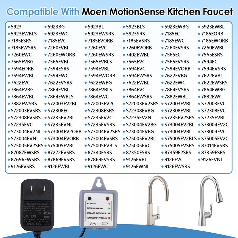 169031 AC Power Cord Adapter Kit, Compatible with Moen MotionSense, MotionSense Wave and U by Moen Kitchen Faucets, Dual Power Source for 7594E, 7185E, 7565E, S72308E Series Faucets