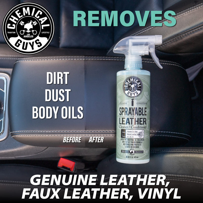 Chemical Guys SPI_103_16 Sprayable Leather Cleaner and Conditioner in One for Car Interiors, Apparel, and More (Works on Natural, Synthetic, Pleather, Faux Leather and More) Leather Scent, 16 fl oz 16 Fl Oz (Pack of 1)