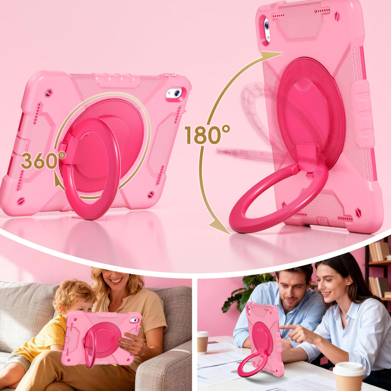Case for iPad (A16) 11th/10th Generation 11/10.9 Inch 2025/2022 with Screen Protector/360° Rotate Stand/Pencil Holder/Shoulder Strap, Shockproof iPad 11th/10th Gen Cover (Pink+Rose Red) Pink+Rose Red Case for iPad (A16) 11th/10th Generation