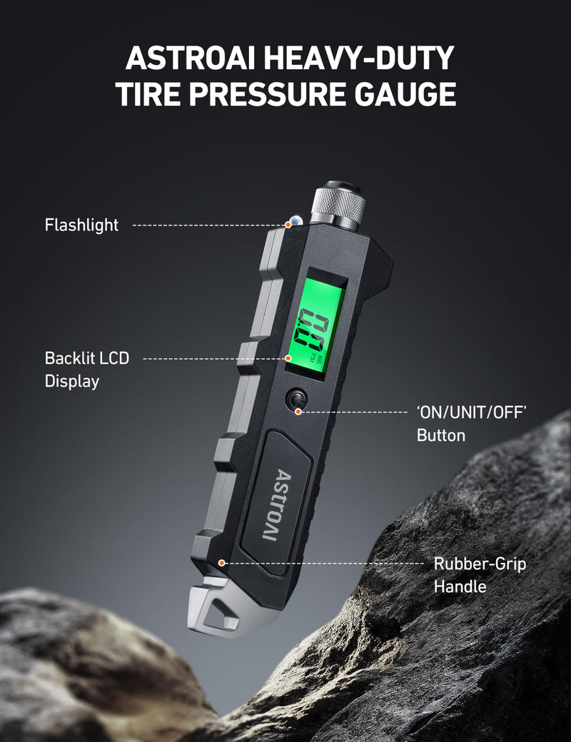 AstroAI Digital Tire Pressure Gauge, 230 PSI 4 Settings Heavy Duty for Car Bicycle with Larger Backlit LCD Flashlight and Non-Slip, Black