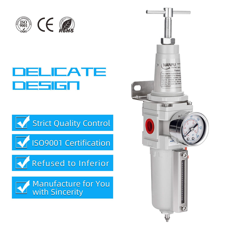 NANPU 3/8" NPT High Pressure Air Filter/Regulator Combo, T-Handle, Semi-Auto Drain, 0-300 Gauge, Metal Bowl (3/8" NPT)