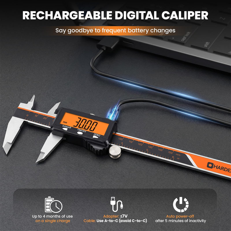 HARDELL Digital Caliper, 6" Rechargeable Caliper Measuring Tool with Large Orange Screen (Non-Backlit), Stainless Steel Digital Micrometer with Auto-Off, Inch/MM/Fraction for DIY/Household/3D-Printing | Precise Measurements, Digital Display 6 Inch
