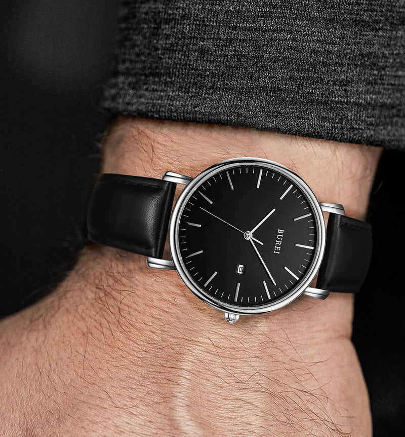 BUREI Men Watches Brown Leather Fashion Minimalist Wrist Watch Simple Ultra Thin Waterproof Quartz Watches All Black Stainless Steel Mesh Band,Gift for Men Women