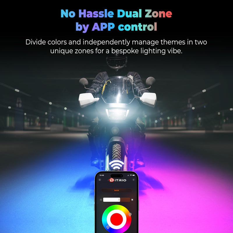 8Pcs Motorcycle Led Underglow Kit with Brake Turn Signal, Motorcycle RGB Lights with DITRIO APP/RF Remote Control, Dual Zone,12V Waterproof Pixelglow Effects for Motorcycles, Golf Carts, ATVs, UTVs 8PCS-(New 3 Control Mode)