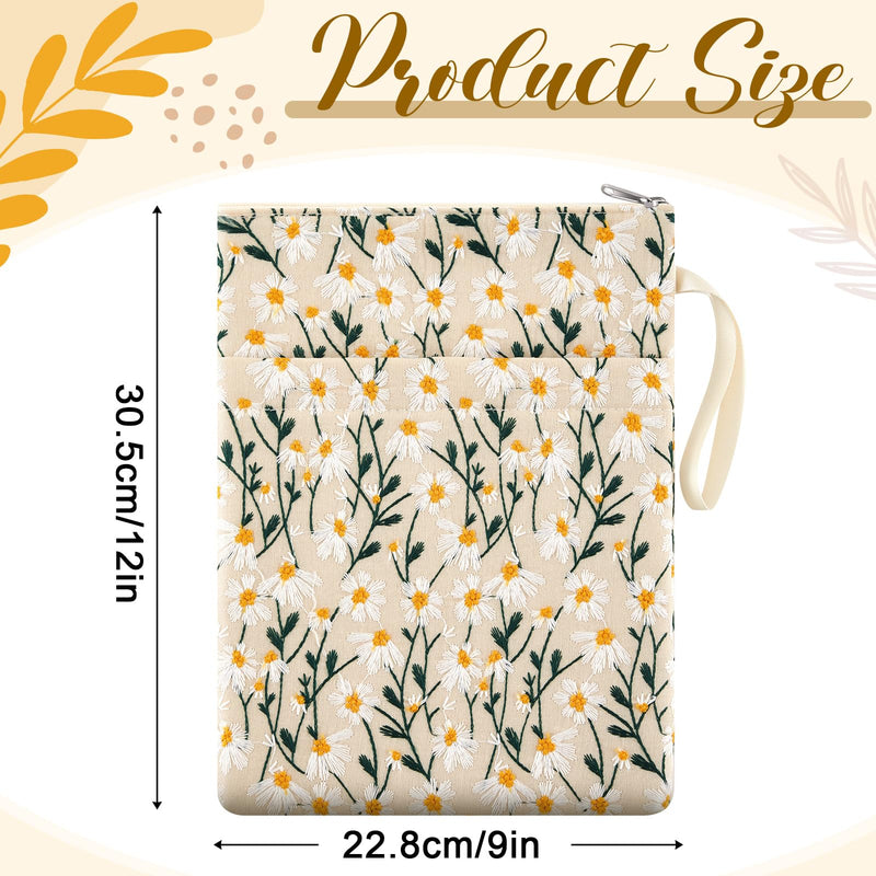 2 Pcs 12''x9'' Embroidered Daisy Book Sleeve with Handle Zipper for Women Washable Fabric Flower Book Sleeve Pouch for Paperbacks Hardcover, Christmas Gift for Reader Teacher
