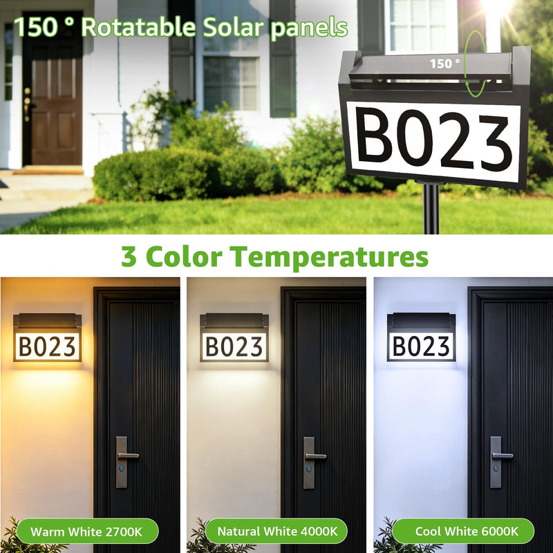 Solar Lighted House Numbers for Outside, 3 Color Modes Solar Address Signs, Outdoor Waterproof LED Illuminated Address Plaque with Stakes for Yard Home Garden Lawn Street