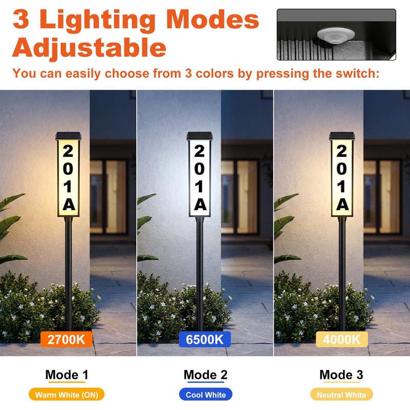 Brightever Solar Address Sign, House Number for Outside Waterproof, 3-Color LED Illuminated Address Plaque with Stake, Solar Powered Light Up Address Numbers for Houses Yard, 1-Pack 1 Pack
