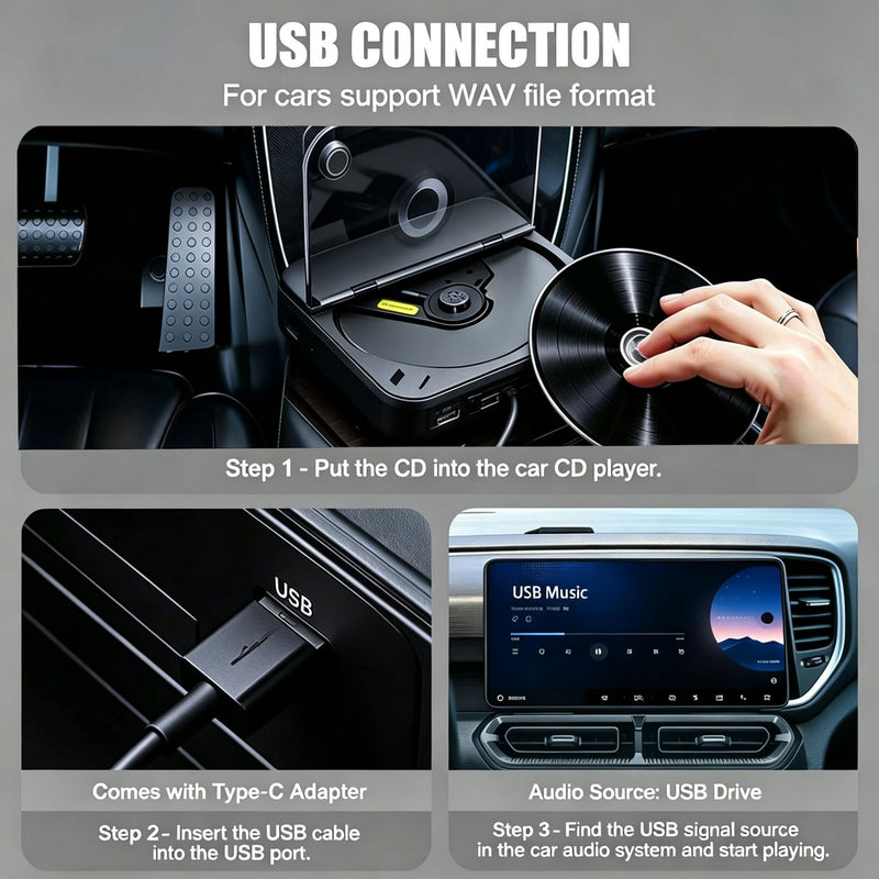 CD Player for Car, External Portable Car CD Players with USB/AUX Port, Universal USB CD Player for Vehicle, Laptop, TV, Computer, for Android 4.4 and Above Navigation Black