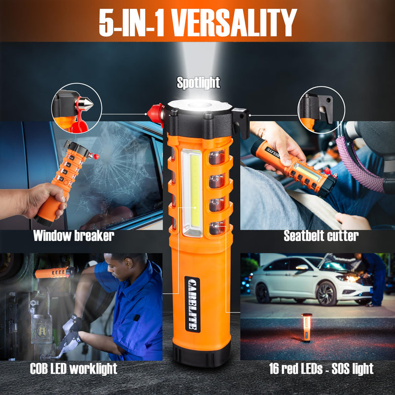 Multi-Function Emergency Car Flashlight, Essential Car Escape Tool, Life Saving Rescue Gear: Seatbelt Cutter Window Breaker Worklight Flashlight Flash Beacon Orange