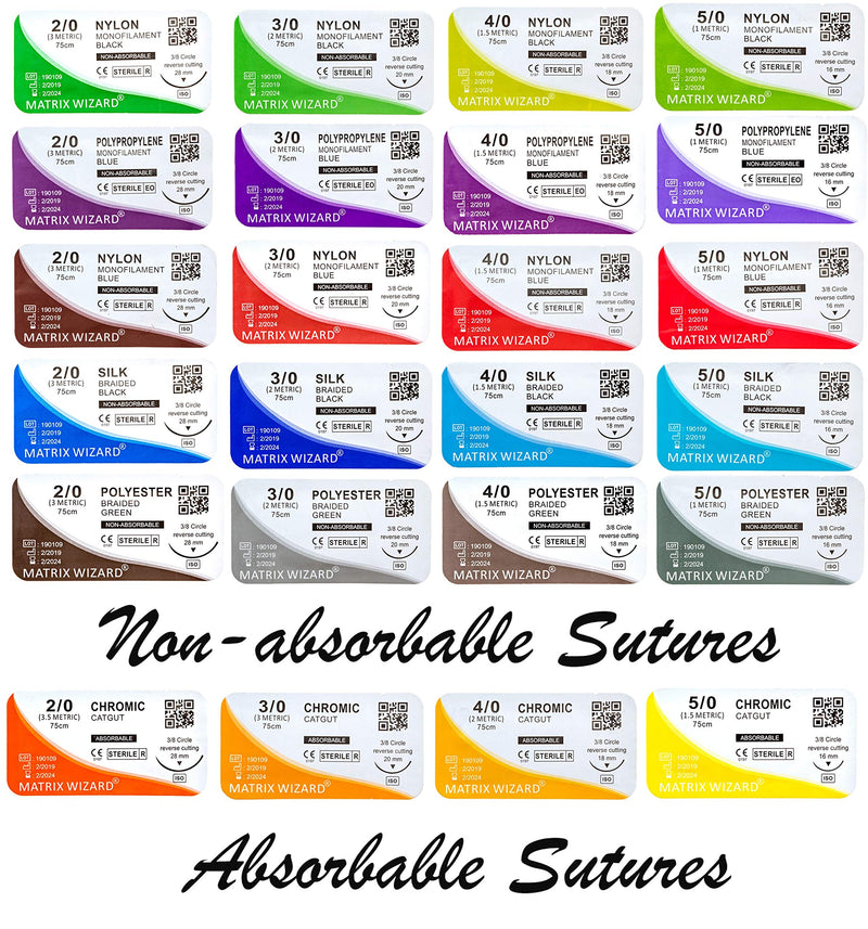 Mixed Sutures Thread with Needle (Absorbable: Chromic Catgut; Non-Absorbable: Nylon, Silk, Polyester, Polypropylene) - Surgical Wound Practice Kit, Emergency First Aid Demo (2-0, 3-0, 4-0, 5-0) 24PK