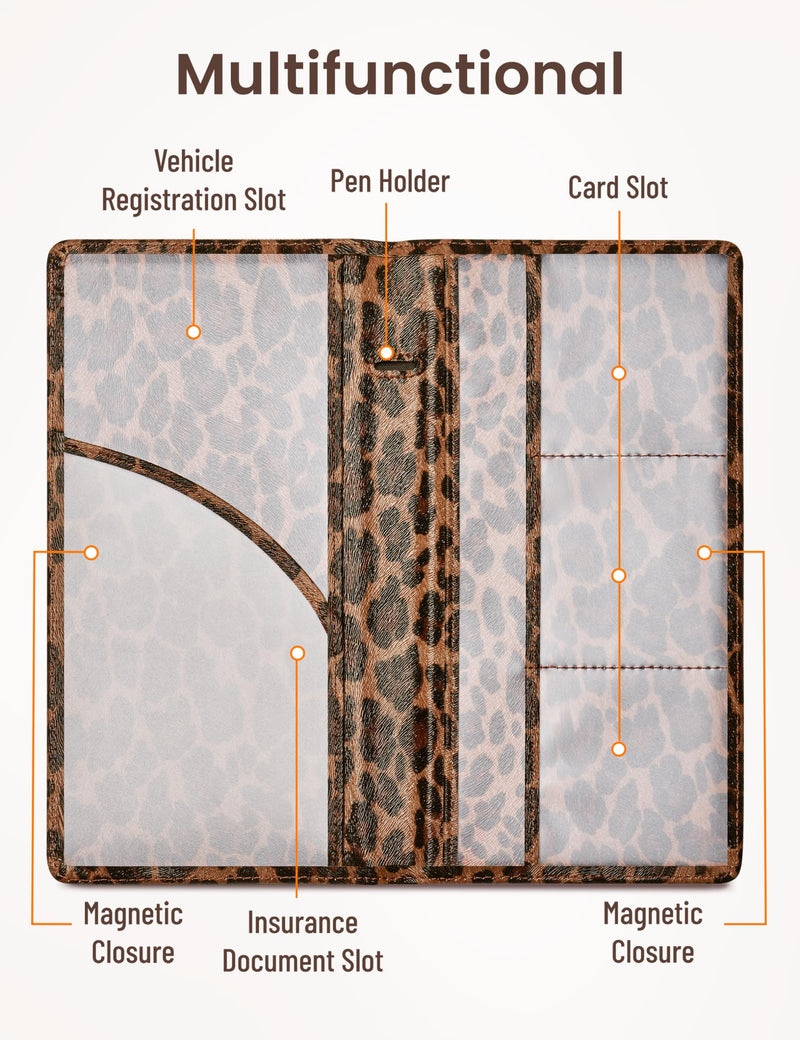 Yarnic Leopard Car Registration and Insurance Holder, Car Document Holder with Magnetic Closure, Car Organizer Vehicle Glove Box Compartment Organizer, Car wallet Case for Teens Men Women darkleopard Big Size