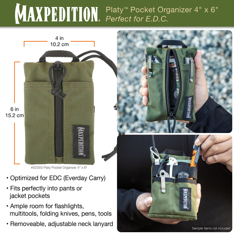 MAXPEDITION Platy Pocket Organizer, Durable EDC Tool Pouch for Men, Neck Wallet with Paracord Lanyard, Holds Flashlight, Multitool, Pen, Notebook (OD Green, 4" x 6")