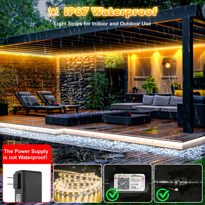 32.8FT Outdoor LED Strip Lights Waterproof IP67, Dimmable 3000K-6500K Warm White LED Rope Lights Outdoor Waterproof with Remote & APP, 24v Adhesive Exterior Lighting for Patio, Deck, Gazebo 32.8FT