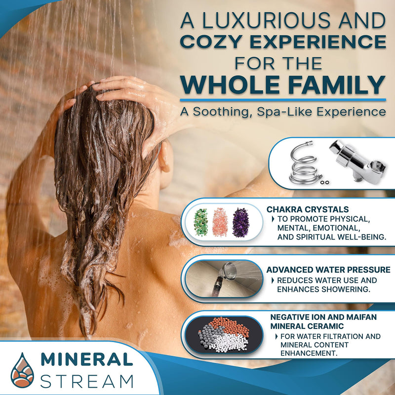 MineralStream Chakra Showerhead Kit with Replacement Beads + Natural Therapeutic Crystals + Shower Arm Diverter + 1.5m Hose | For Luxurious Spa like Experince Chakra Showerhead Full Kit