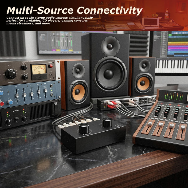 RCA Audio Switcher, 6 in 1 Out Audio Selector, 6 Channel Passive Stereo Selector Box, Metal Case, Plug-and-Play, Volume Control for Hi-Fi Systems