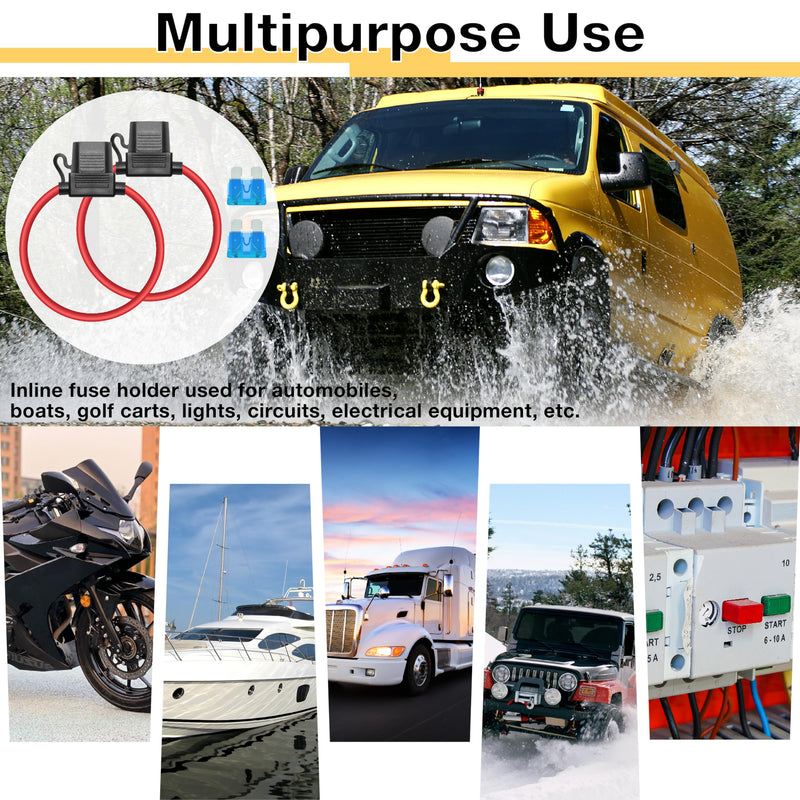 2 PCS Inline Fuse Holders 12V, 16 AWG Car Gauge Inline Fuses, Waterproof Fuse Holder with 15A ATC/ATO Standard Blade Fuses for Automotive, Marine, Golf Cart Lighting, Electrical Circuits 2 PCS 16AWG