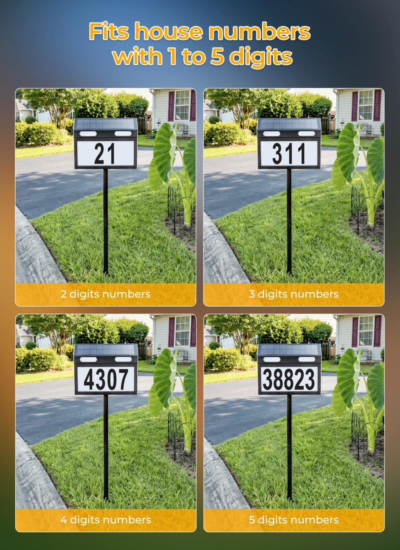 Brightown Solar House Number for Outside Address Signs - Stainless Steel Shell & Pole 3 Colors Waterproof Wall Mounted/In-Ground - Solar Powered Address Plaque for Yard Garden Home (Black) Black