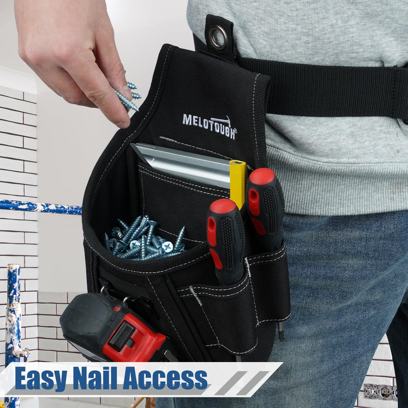 MELOTOUGH Nail and Screw Organizer Bag for Electricians and Carpenters, Tool Belt Pouch with Belt Clip, Heavy Duty Work Fastener Pouch Black