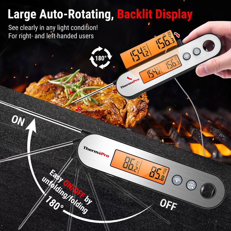 ThermoPro TP610 Digital Meat Thermometer for Cooking, Rechargeable Instant Read Food Thermometer with Rotating LCD Screen, Waterproof Cooking Thermometer with Alarm for Grilling, Smoker, BBQ, Oven Silver