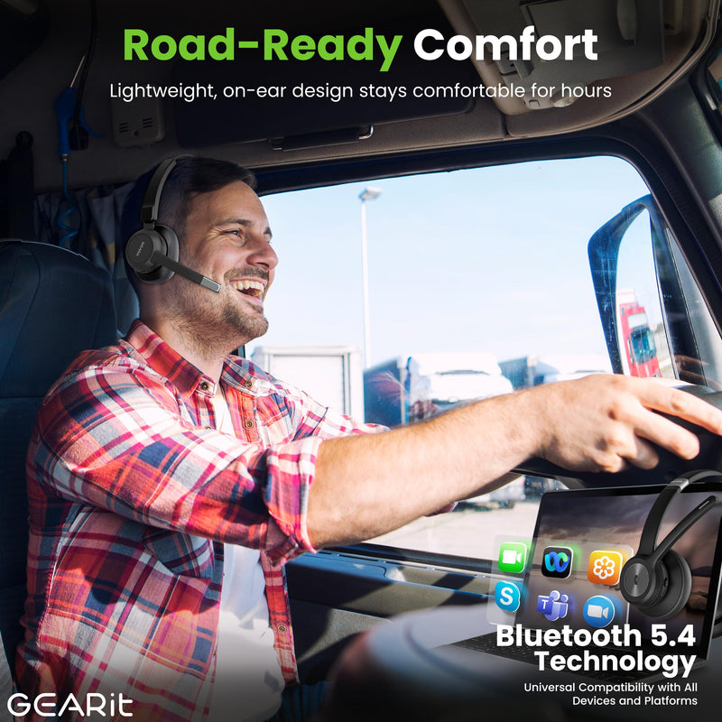GEARit Wireless Bluetooth Headset with Mic - 35 Hrs Talk Time - for Trucker, w/Noise Cancelling Microphone & Mute Button - Easy to Set Up Wireless for Work, Phone Calls, Homes, Offices MONO Headset w/ 35 Hrs Talk Time Black