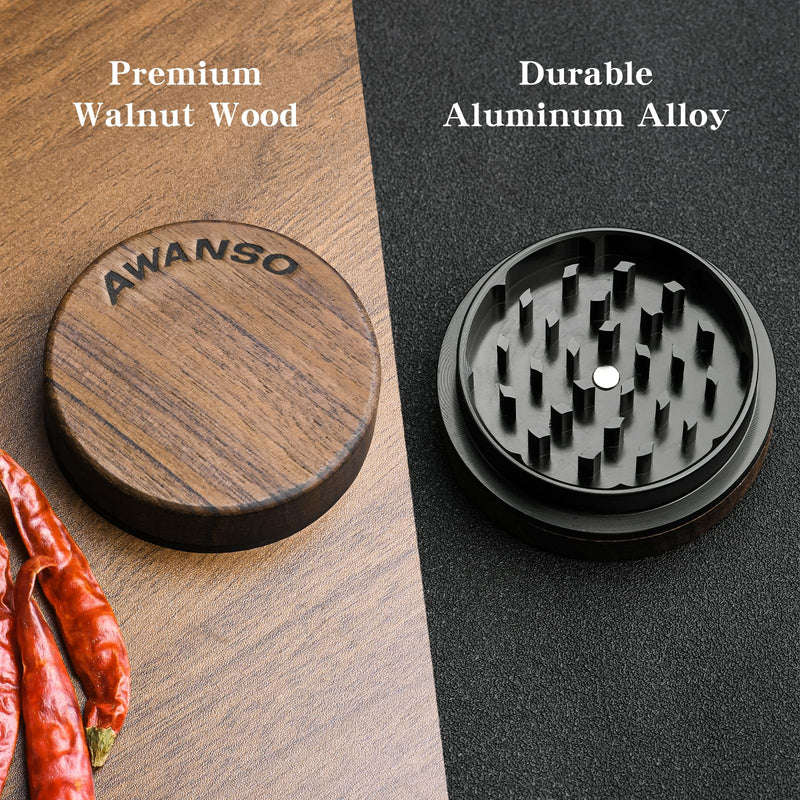 2-Piece Grinder, 2.5" Walnut Wood and Aluminum Grinder for Kitchen Brown 2.5"