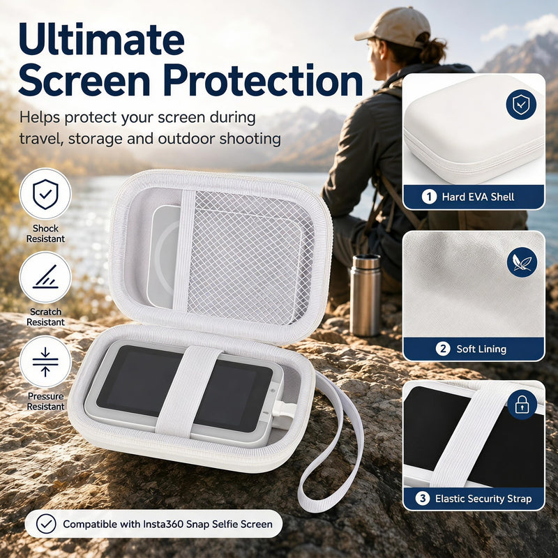 Boobowl Hard Case for Insta360 Snap Selfie Screen with Light, White | Soft Lining, Elastic Strap and Mesh Pocket Organize Screen, Power Bank and Cables for Travel and Vlogging, Case Only