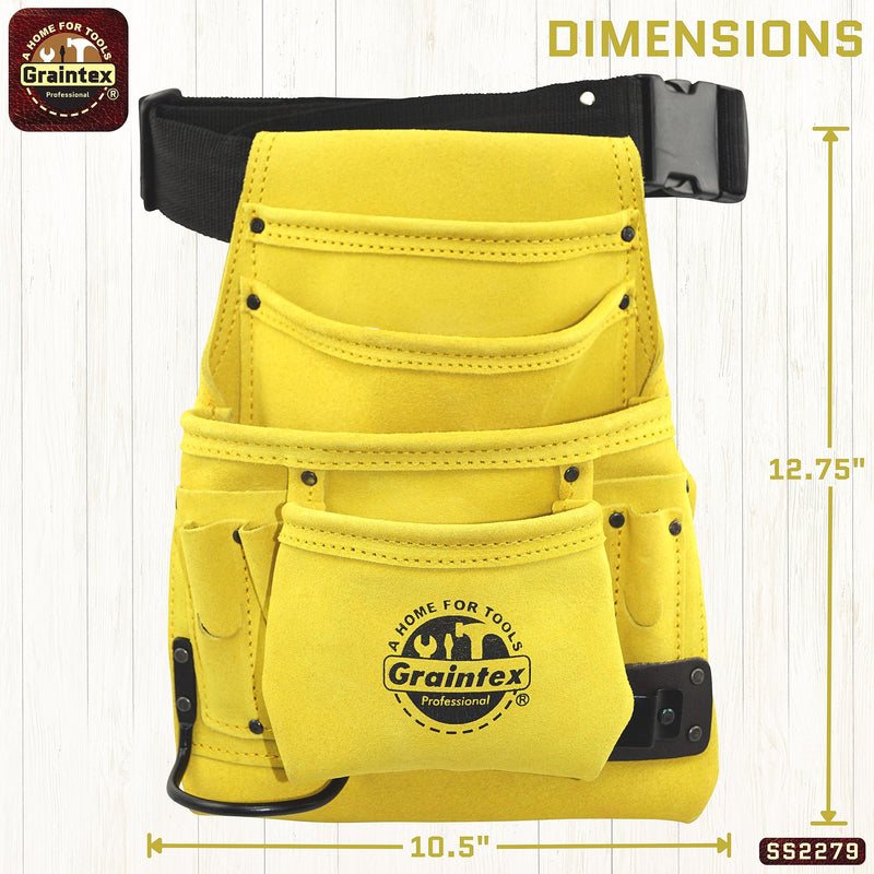 GRAINTEX SS2279 10 Pocket Nail & Tool Pouch Yellow Color Suede Leather with 2” Webbing Belt for Constructors, Electricians, Plumbers, Handymen