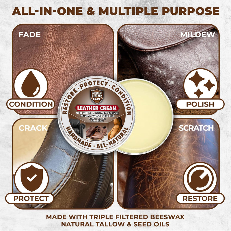 European Leather Care 8 oz Cream Leather Cleaner and Conditioner All Natural Leather Boots Leather Maintenance Cream Leather Conditioner Shoe Polish, Leather Couch, Furniture, Purses, Car, Saddle USA 8 Ounce
