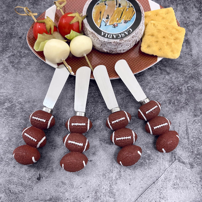 UPware Football Cheese Spreaders, Hand-Painted Resin Handles with Stainless Steel Blades for Spreading Cream Cheese, Butter, Jam, or Sandwich, Set of 4