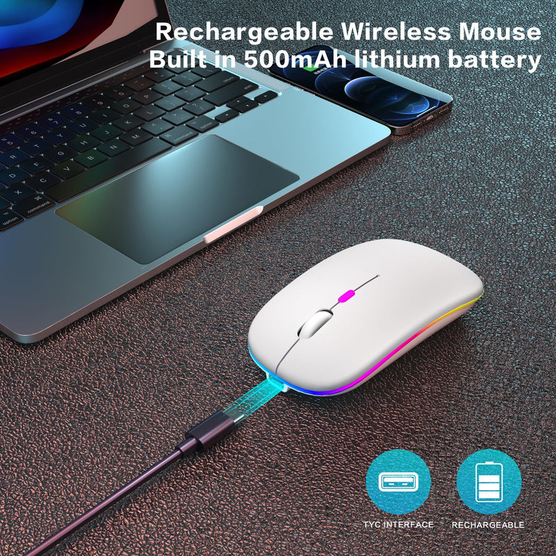 Wireless Bluetooth Mouse,LED Rechargeable Laptop Mouse.Portable Computer Mice use(BT5.2 and USB 2.4G) Dual Mode Connection,Silent,Slim,for Apple Laptop/ipad Tablet/Mac/PC. (White) White