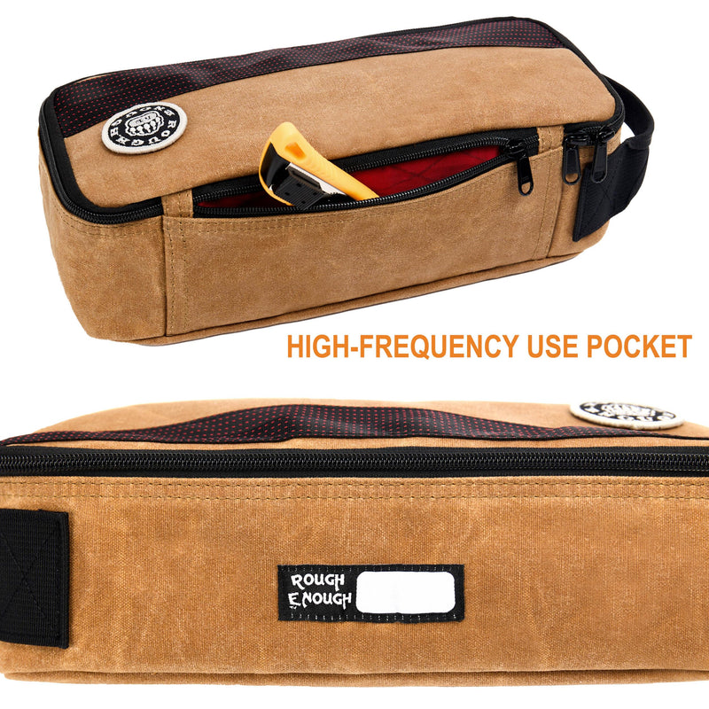 Rough Enough Small Tool Bag for Electricians, 11.5" Double-Waxed Canvas Water-Repellent Organizer, YKK Zipper, Foam Padding, Detachable Mesh Pouch, 3L Capacity, 4-in-1 Carry, Brown