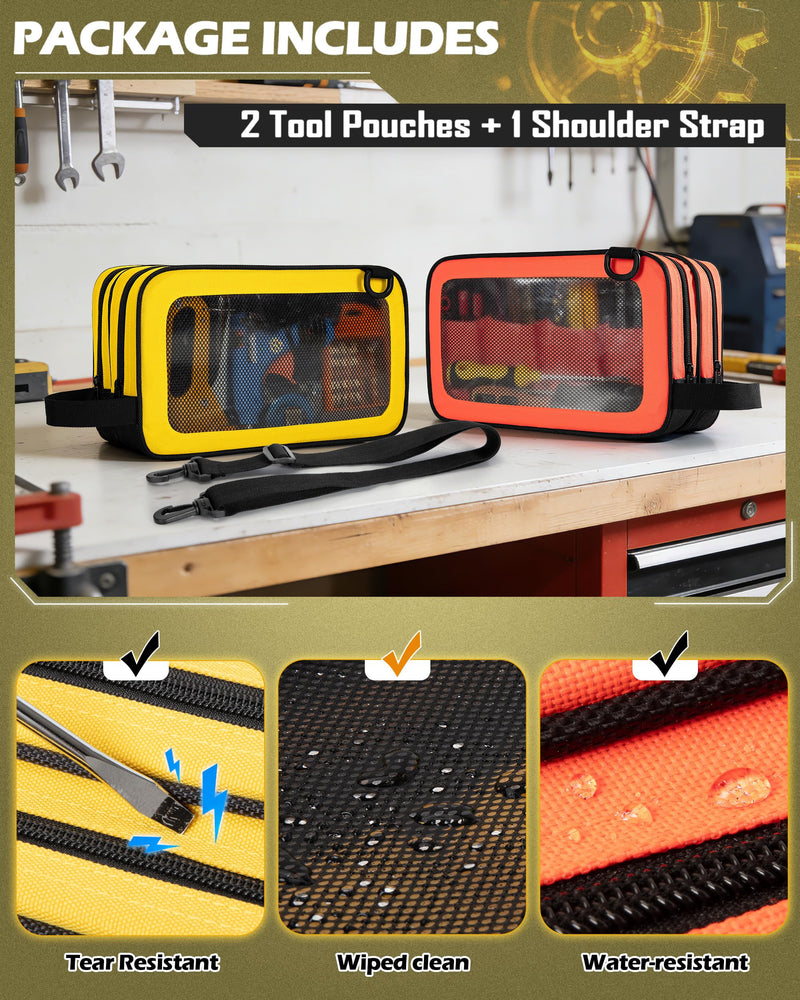 Marscamd 2 Pack Tool Pouch with Dual Compartments, 12” Tool Bag with Detachable Shoulder Strap, Carry Handle and Translucent Window, Orange-red/Yellow Orange-red and Yellow