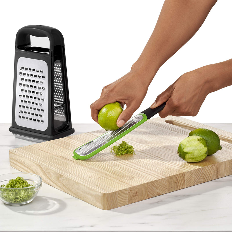 OXO Good Grips Etched Box Grater with Removable Zester | Ideal for Grating Cheese or Zesting Fruits | Storage Container Included | 4 Sided Grater | Comfortable Handle Box Grater with Removeable Zester