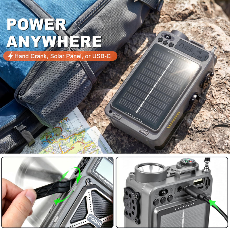 RunningSnail Solar Hand Crank Emergency Radio, NOAA Weather Alert, AM/FM/SW | Digital Tuning,Bluetooth Speaker,TF Playback,Flashlight,Compass,SOS,4000mAh,Thermal Blanket,USB-C Charging,for Emergencies Grey