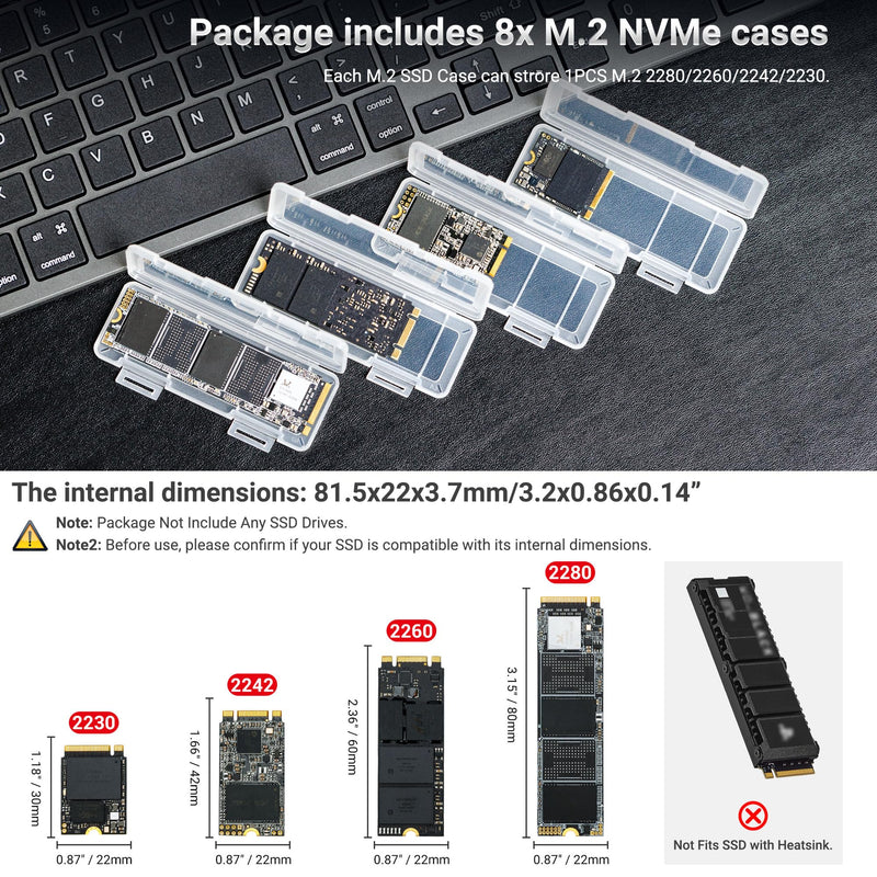 8 Pack Clear M.2 SSD Case for M.2 NVMe 2280 2260 2242 2230 SSDs | Individual,Plastic,NVMe 2280 SSD Hard Drive Storage Holder Box,with Labels,Anti-Static & Shockproof for 8 M.2 SSDs (8 Pack Clear)