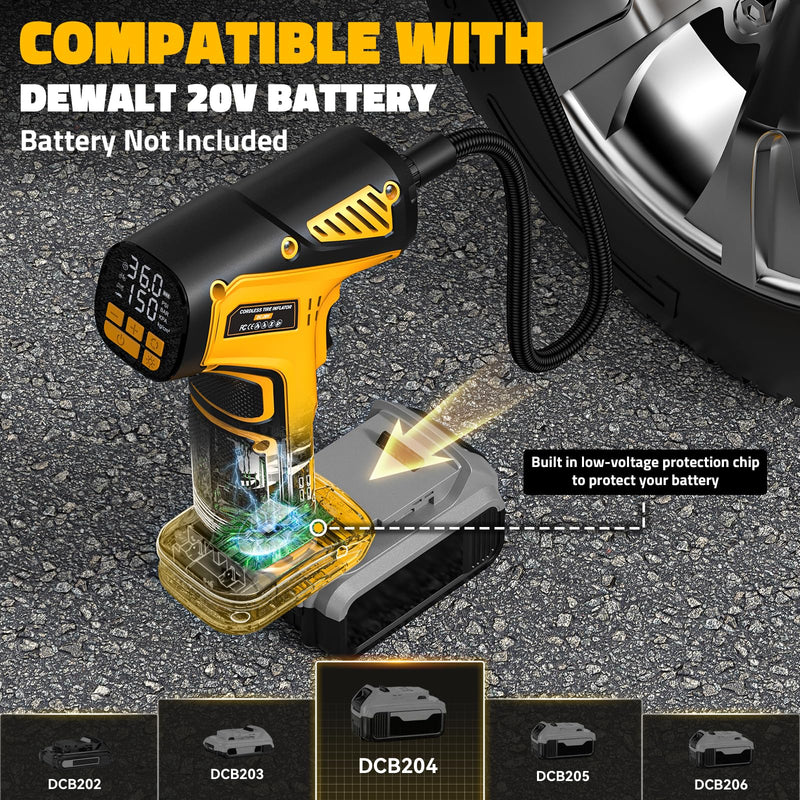 150PSI Tire Inflator Portable Air Compressor: Cordless Air Pump Compatible with Dewalt 20V Battery - Car Tire Pump with Digital Pressure Gauge & LED Light for Auto, Motorcycles(Bare Tool) 150 PSI Yellow- Compatible With Dewalt 20v(baretool)