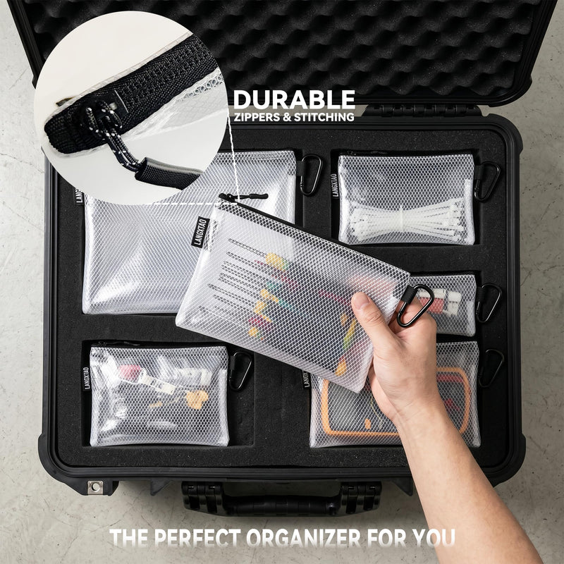 5 Pack Clear Zipper Pouches, Tool & Cable Organizer Waterproof Travel Pouch | Build In Carabiner Clip & Label Sticker, Waterproof Pouch, Mesh Zipper Pouch Bags, Tool Bag, Travel & Tech Pouch, Multi-Size