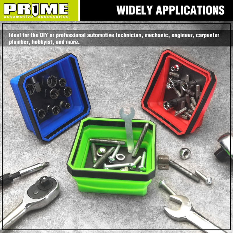 PR1ME Upgrade Collapsible Magnetic Parts Tray Set, 3 Pack, Foldable Magnetic Tool, 4.25 inch Square Silicone Bowls with Magnetic Base Stores and Organizes Small Parts and Tools Upgrade Trays