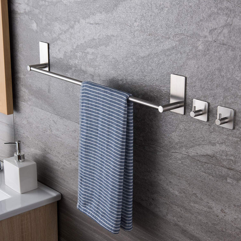Taozun 16-Inch Towel Bar - Self Adhesive Bathroom Towel Holder with 2 Packs Towel Hooks, Stainless Steel Bathroom Hardware Accessory Kit, No Drilling Silver